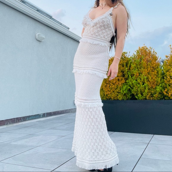 Alexis Maxi Eyelash Fringe TIERED Fishnet Mesh Dress - Picture 11 of 17